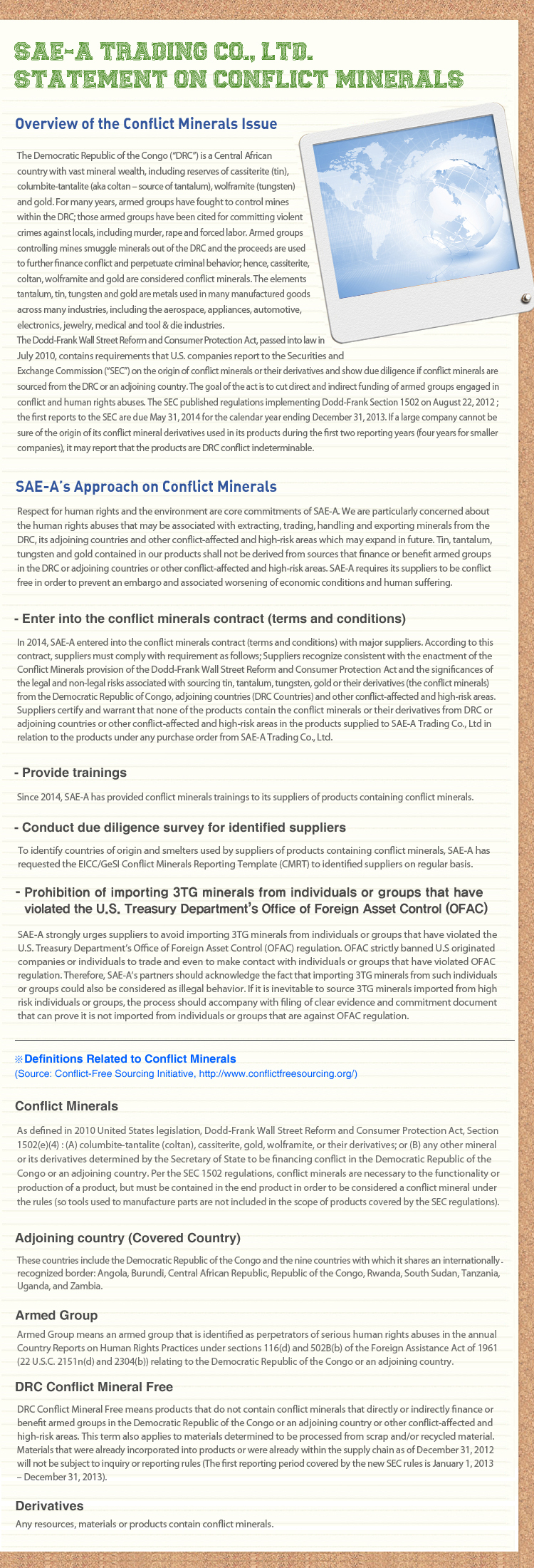 SAE-A Trading Co., Ltd. STATEMENT ON CONFLICT MINERALS
